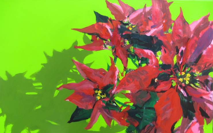 Weihnachtsstern , Gemälde 9148 / Gemälde eines Weihnachtsterns (Euphorbia pulcherrima) mit Schatten auf grünem Hintergrund. Acryl auf Leinwand.